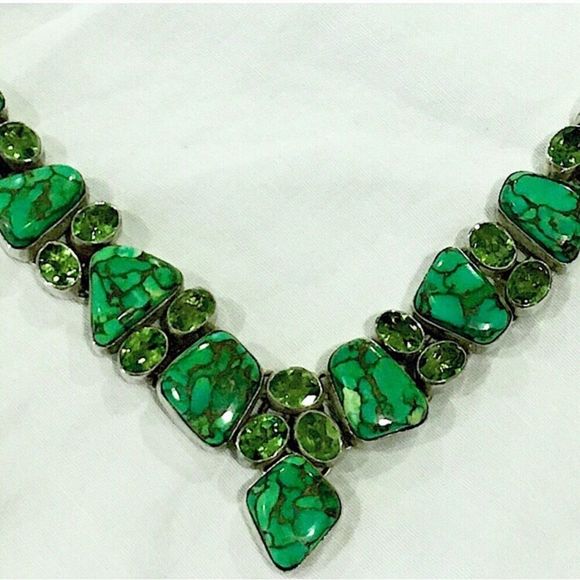 Mohave Lime Green Copper Infused Turquoise Peridot Sterling Silver 925 Necklace - Picture 7 of 16